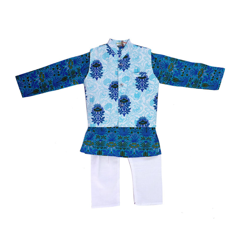 Blue and white printed cotton kurta set with jacket