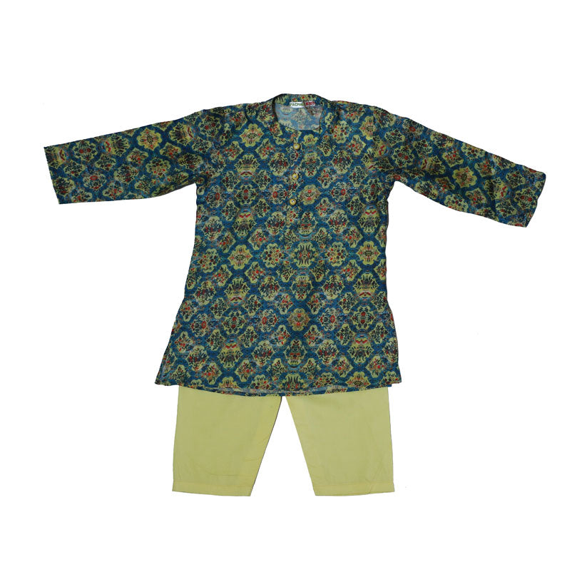 Blue and yellow printed cotton kurta set