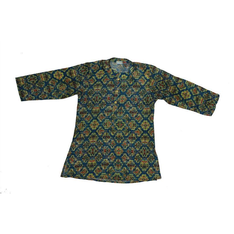 Blue and yellow printed cotton kurta set