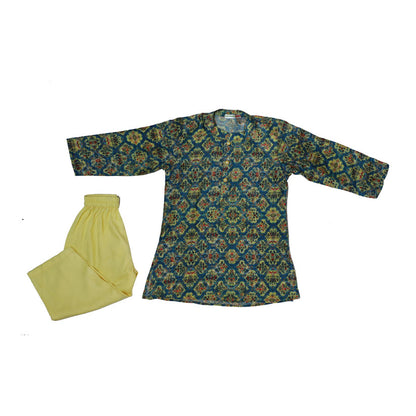 Blue and yellow printed cotton kurta set