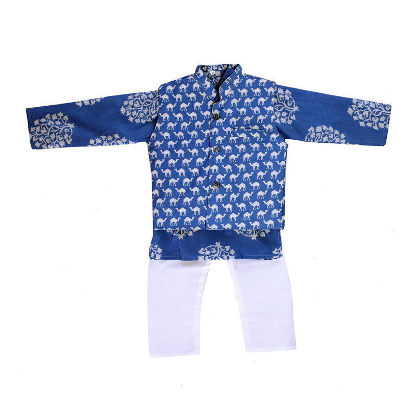 Blue camel print jacket with block printed cotton kurta set