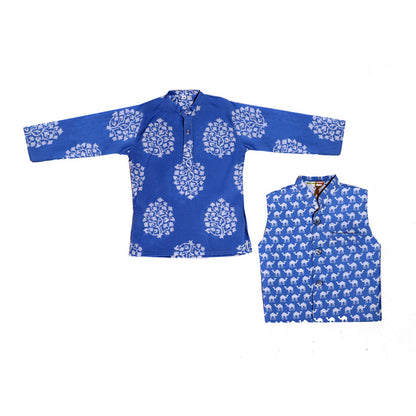 Blue camel print jacket with block printed cotton kurta set