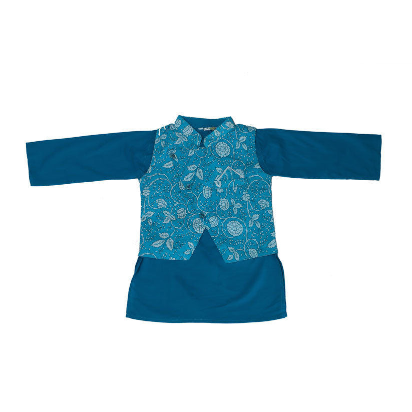 Blue flower printed cotton kurta set with jacket