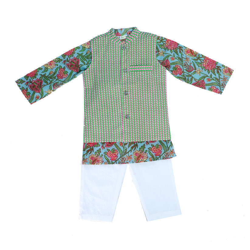 Green stripes jacket with flower print cotton kurta set