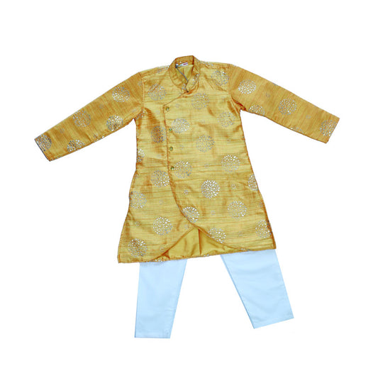 Yellow and gold brocade sherwani style kurta with pant