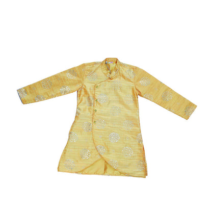 Yellow and gold brocade sherwani style kurta with pant