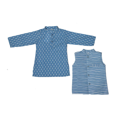 blue stripes jacket with flower print cotton kurta set