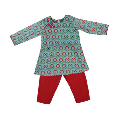 Green and red cotton flower kurta with pant