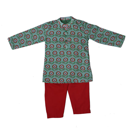 Green and red cotton flower kurta with pant