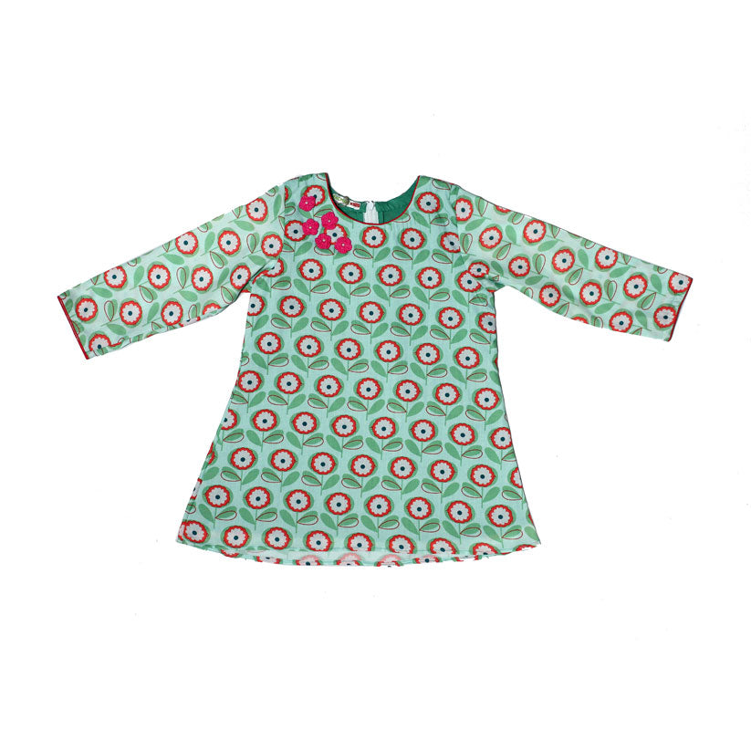 Green and red cotton flower kurta with pant