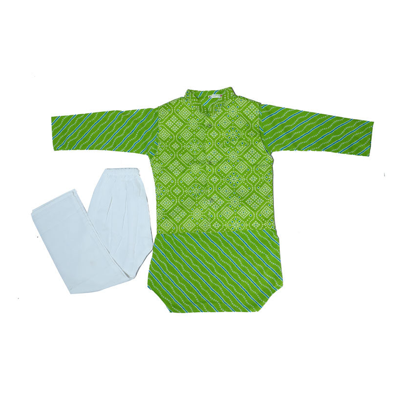 Green bandhej printed cotton kurta set with jacket