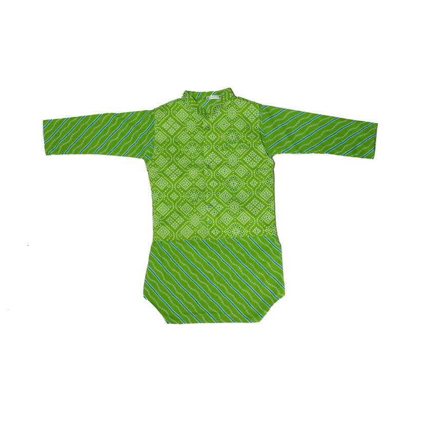 Green bandhej printed cotton kurta set with jacket