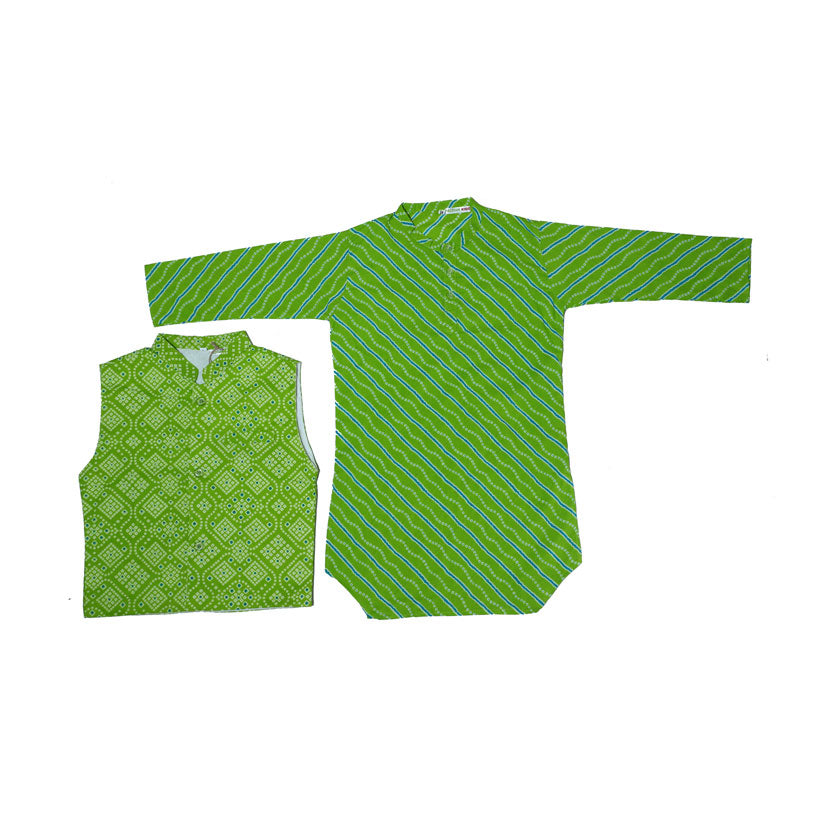 Green bandhej printed cotton kurta set with jacket