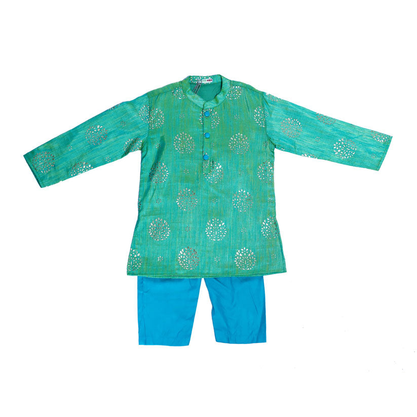 Green brocade silk kurta with pant