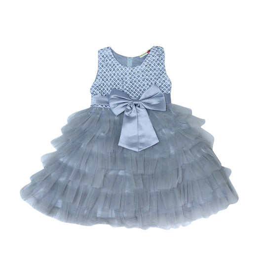 Grey ruffled party dress with bow