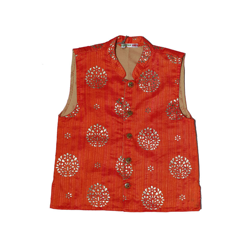 Orange silk jacket with embroidered flower cotton kurta set