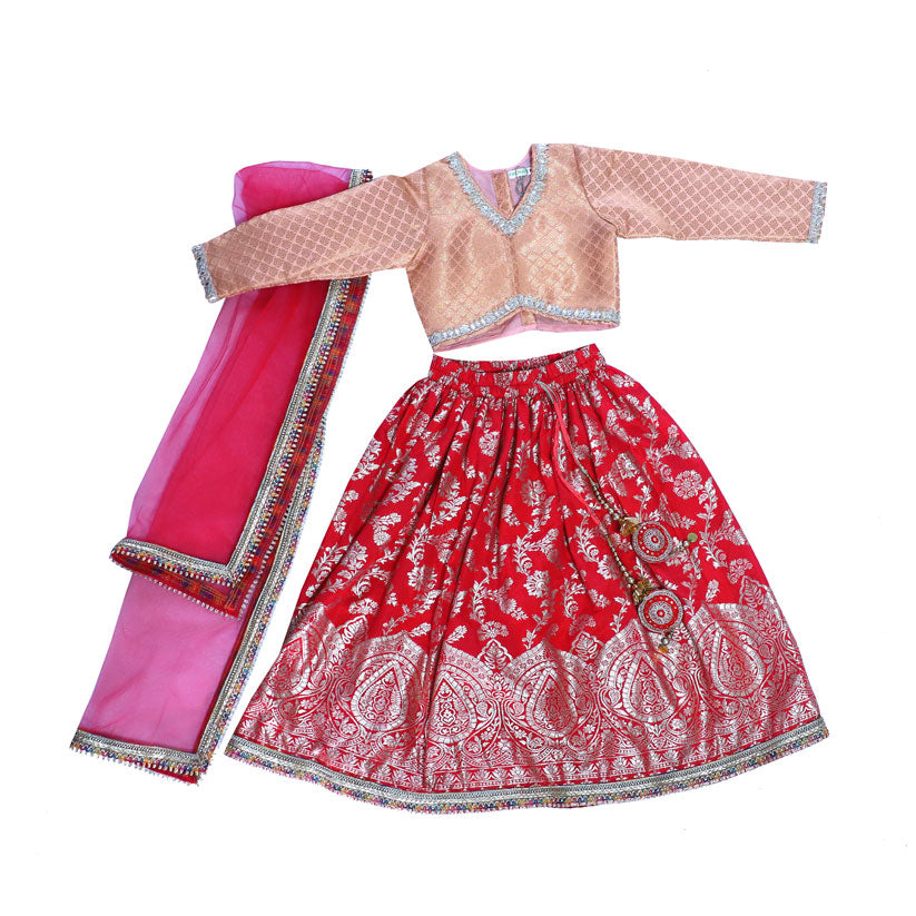 Pink and red brocade lehenga with dupatta