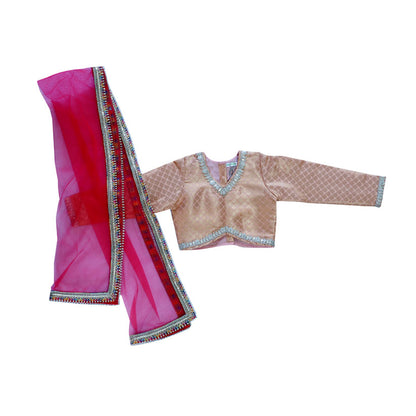 Pink and red brocade lehenga with dupatta