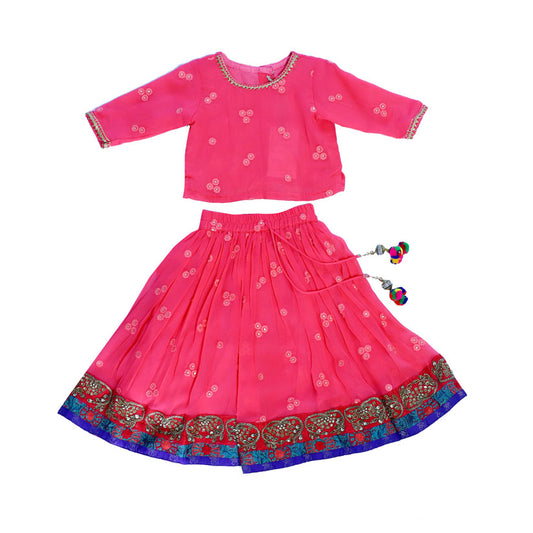 Pink embroidered top and skirt with zari border