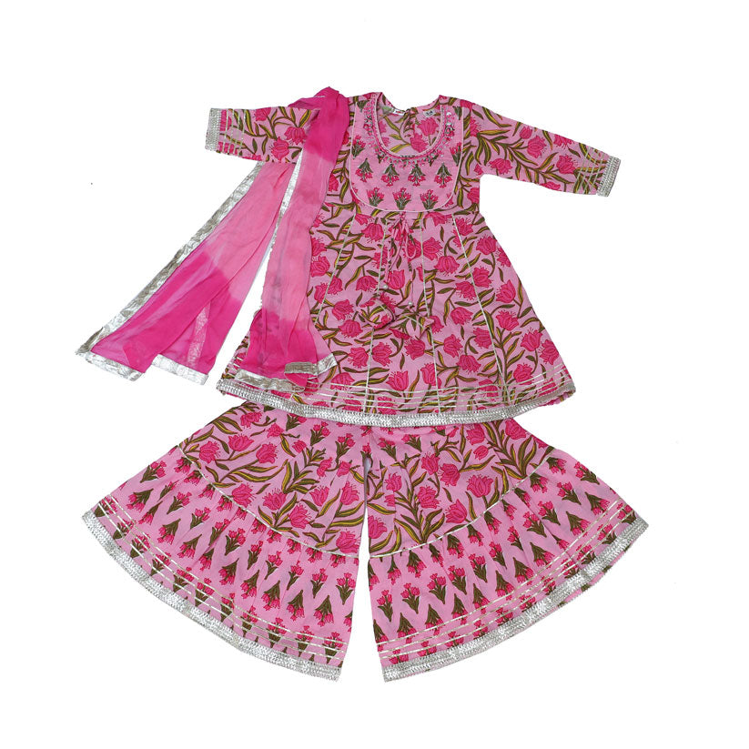 Pink printed cotton kurta sharara set with dupatta