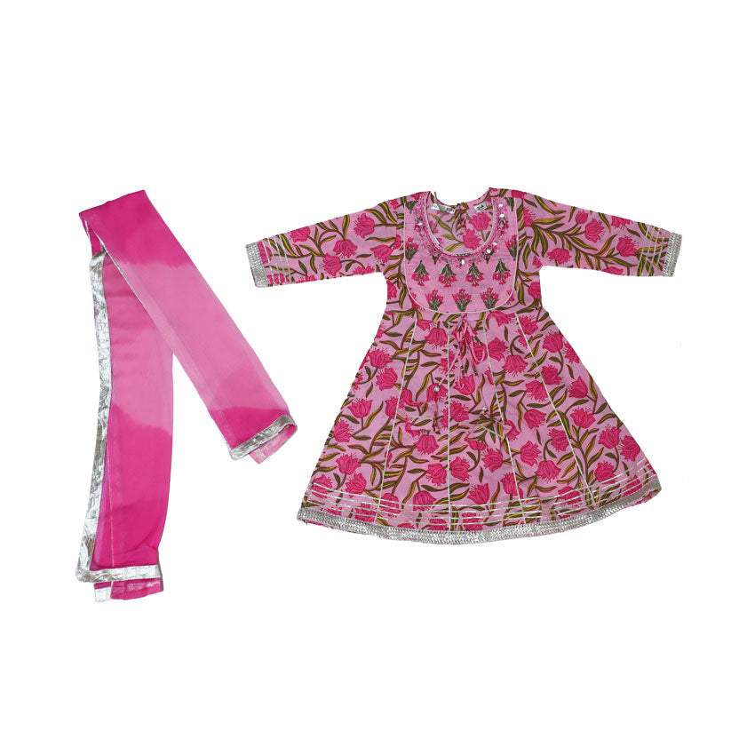 Pink printed cotton kurta sharara set with dupatta