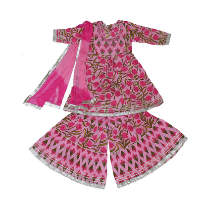 Pink printed cotton kurta sharara set with dupatta