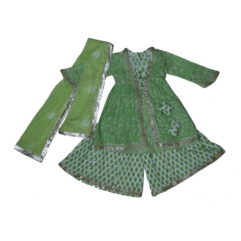 Green printed cotton front knot kurta sharara set with dupatta