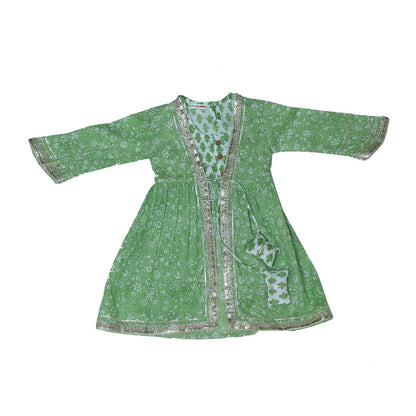 Green printed cotton front knot kurta sharara set with dupatta