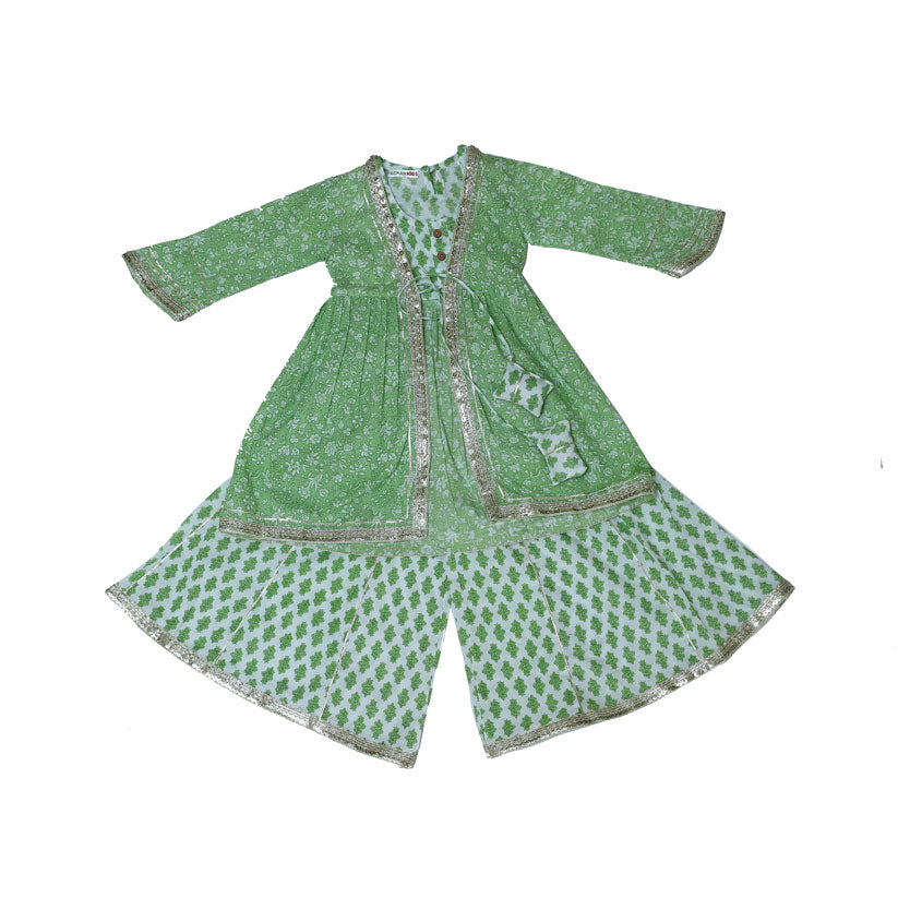 Green printed cotton front knot kurta sharara set with dupatta