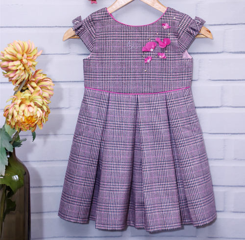 Purple Checkered Dress with Flower Sequins