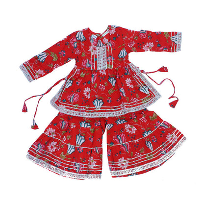 Red printed kurta and sharara