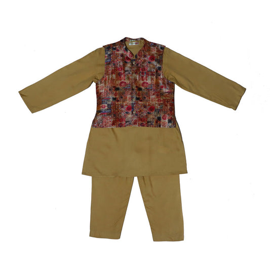 Silk jacket with beige cotton kurta set