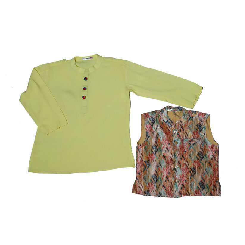 Silk jacket with lemon cotton kurta set