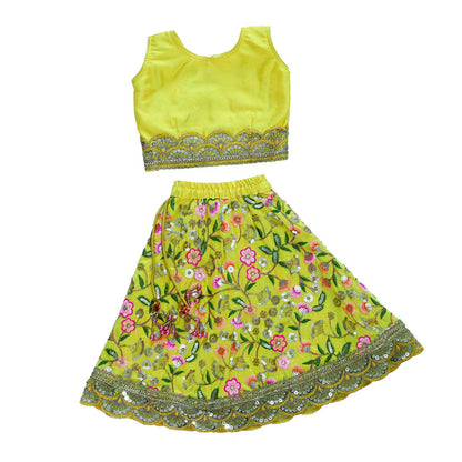 Yellow floral embroidered top and skirt