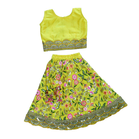 Yellow floral embroidered top and skirt