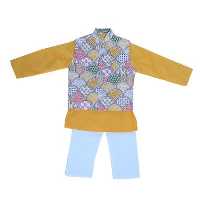 Yellow printed cotton kurta set with jacket