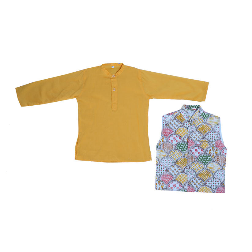 Yellow printed cotton kurta set with jacket